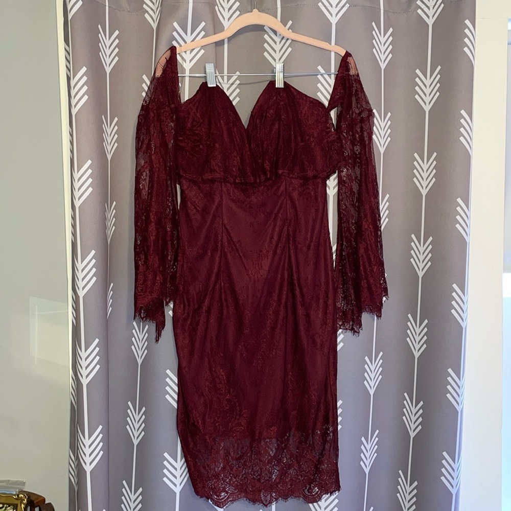 Burgundy Lace dress with bell sleeves